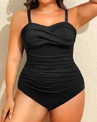 Holipick Plus Size One Piece Swimsuit Tummy Control Strapless Bathing Suits Bandeau Slimming Ruched Twist Front Swimwear