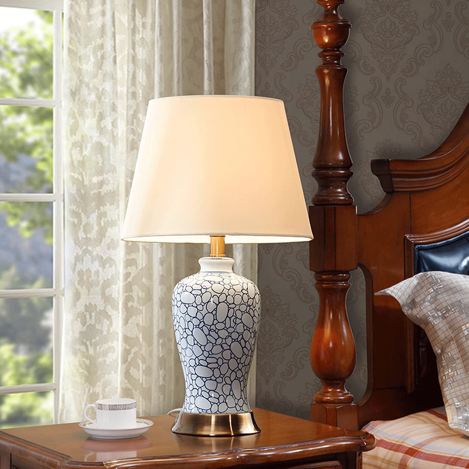Lampki nocne do sypialni, Blauw, ceramika, abażur z tkaniny, styl retro, zwięzła szafka nocna do domu, biura, kawiarni, restauracji, 23,6" wys.