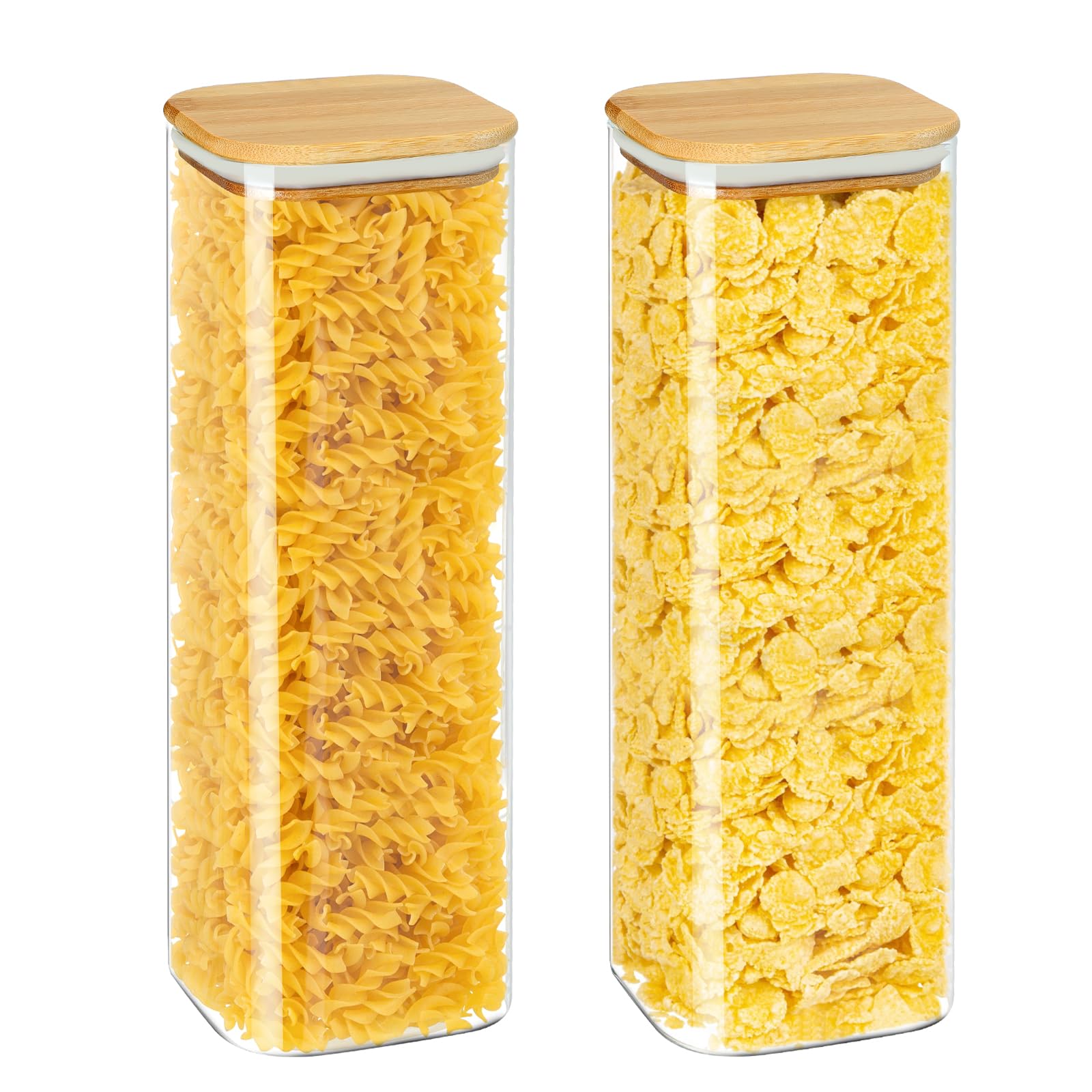 Lot de 2 Bocaux de Conservation en Verre Transparent avec Couvercles en Bambou pour Nouilles,Pâtes,Farine,Riz, Haricots,Céréales,2500 ml