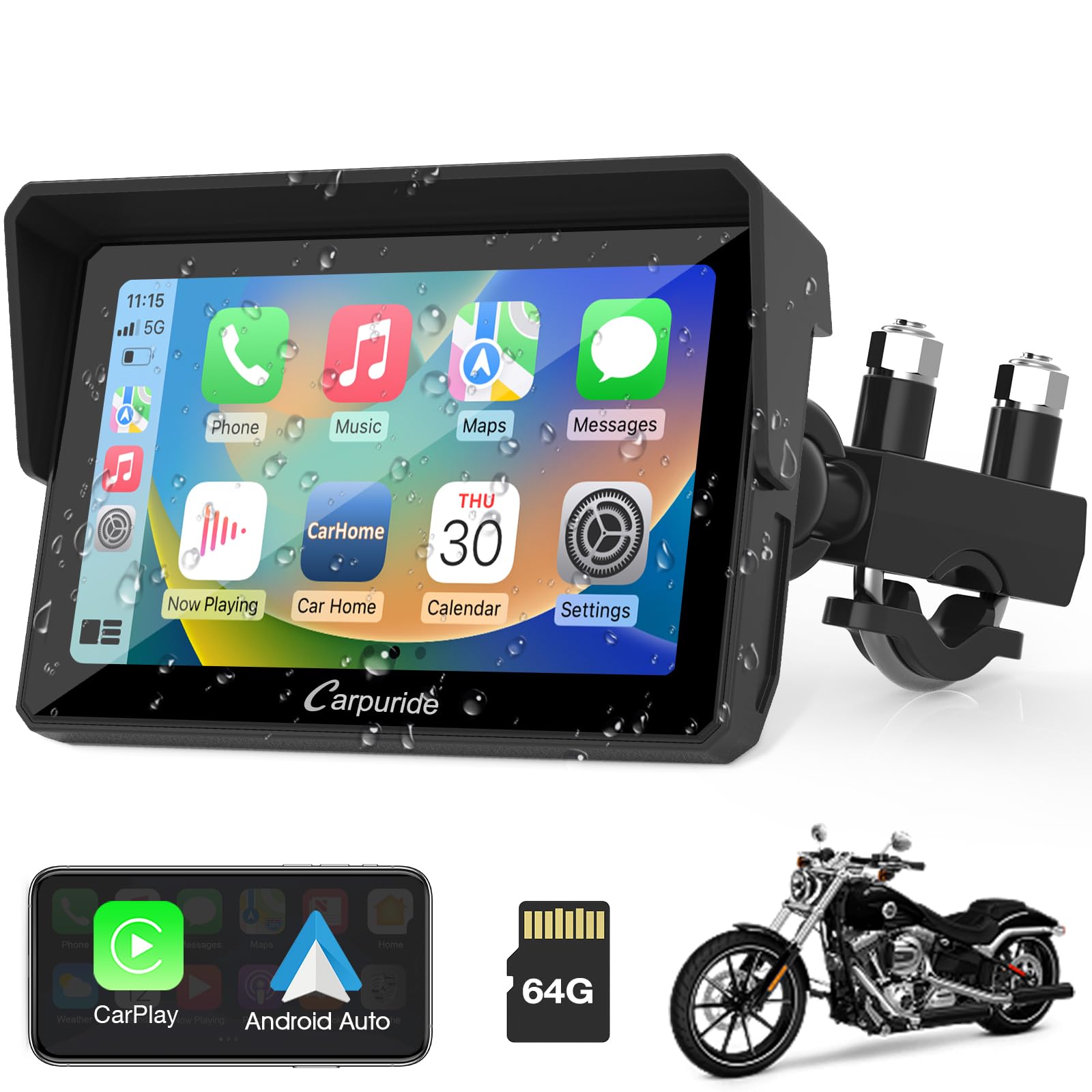 Carpuride W502 Stereo Portatile Senza Fili per Moto Doppio Bluetooth Impermeabile IP67, Schermo Carplay e Android Auto per Moto, Touch Screen da 5 pollici,TF 64G, Siri, G00gle,GPS