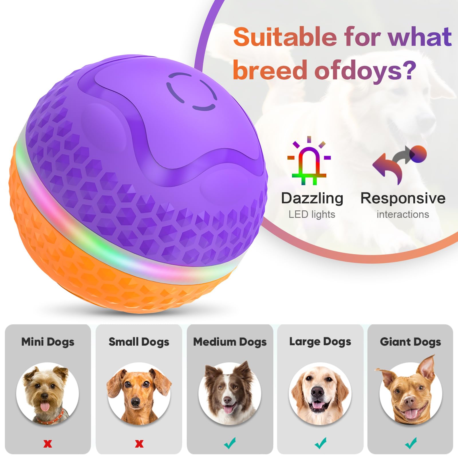 Balle interactive pour chien, jouet à rouler automatique, balle animée pour chiens de taille moyenne/grande pour soulager l'ennui, balles pour chien à mouvement automatique activé avec flash LED