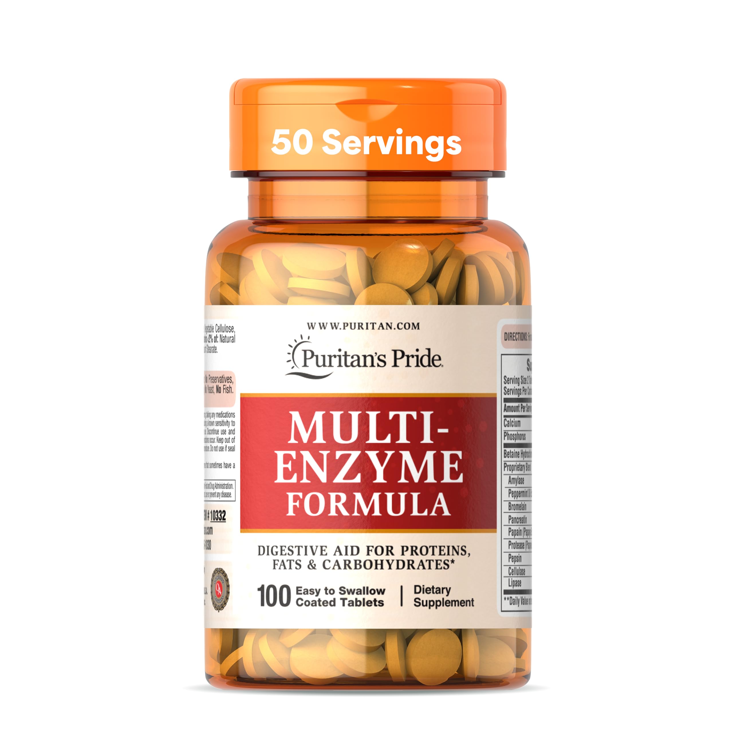 Puritan's PrideMulti Enzyme Tablets, Digestive aid for proteins, fats and carbohydrates*, 100 ct