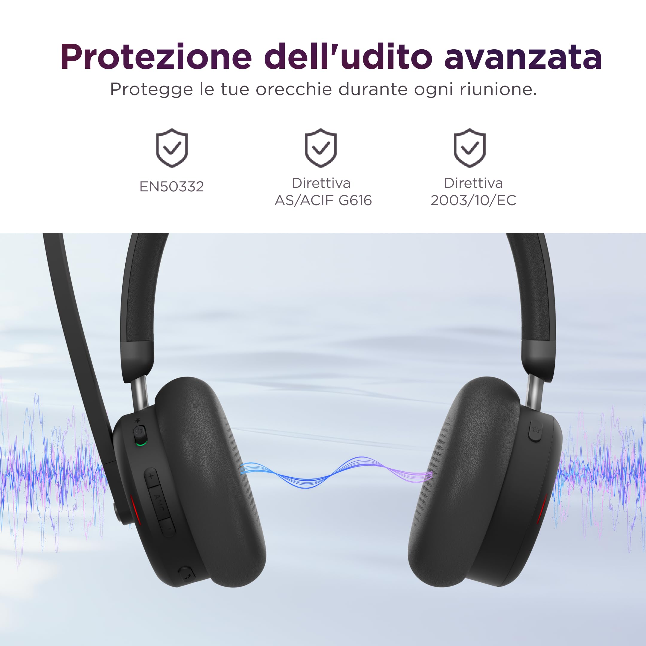 Lenovo Dual-Mode Wireless ANC Headset 6550 per Teams, cuffie wireless Bluetooth 5.3 con ANC ibrida ed ENC AI, ricevitore USB-C, 360° busy light, autonomia fino a 60h