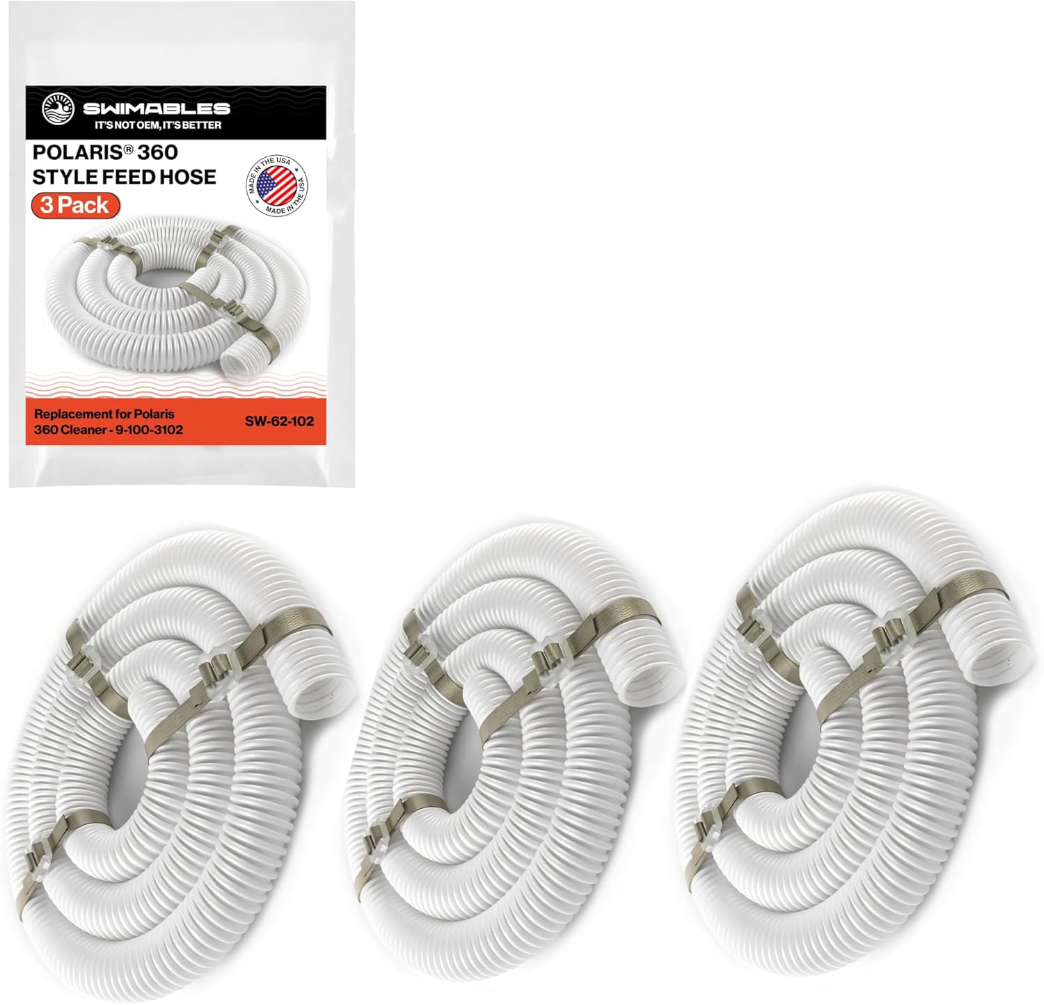 Swimables 9-100-3102 6-Ft Cuff-Less Feed Hose | Replacement for Polaris 360 Pool Cleaner | Heavy-Duty, Durable Vacuum Hose for Inground Pools | Pack of 3