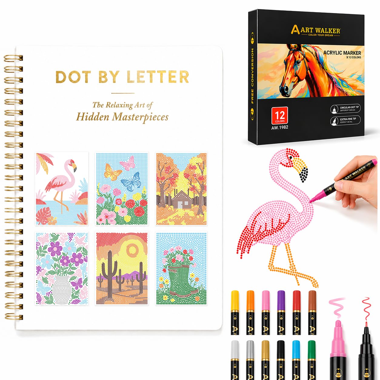 Dot by Letter - Libro para colorear para adultos con 12 marcadores, arte de puntos para meditaciones de adultos, 40 patrones, 11.2 x 8.3 pulgadas