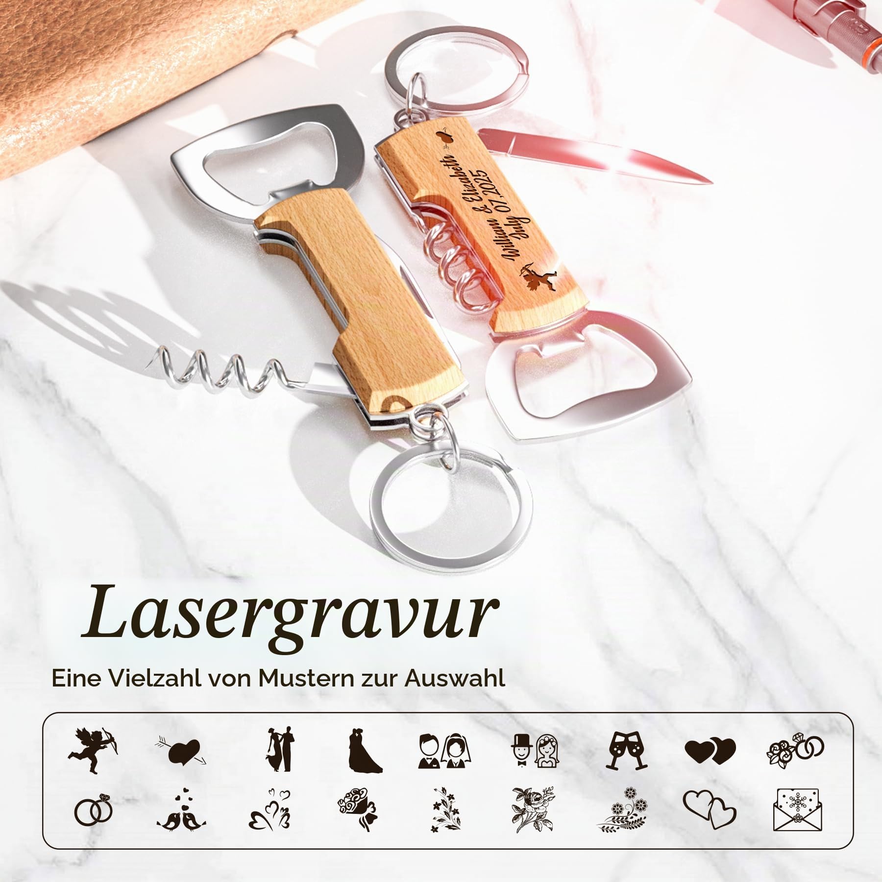 120 STÜCK Personalisierte Multifunktionale Holz Flaschenöffner, Maßgeschneiderte Gastgeschenke für Hochzeiten Geburtstagspartys, Gravierte Flaschenöffner-Schlüsselanhänger für Gäste