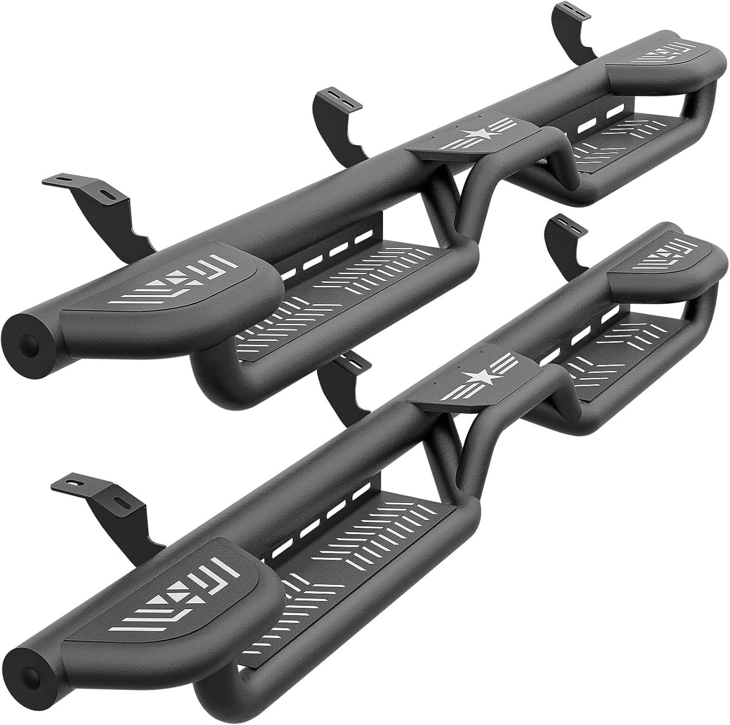 Three Raised Steps Double & Crew Cab Running Boards Compatible with 2005-2023 Toyota Tacoma Double Cab & Crew Cab Side Steps (4 Full-Size Doors), Two Stair Design Side Rail Nerf Bar Rock Slider