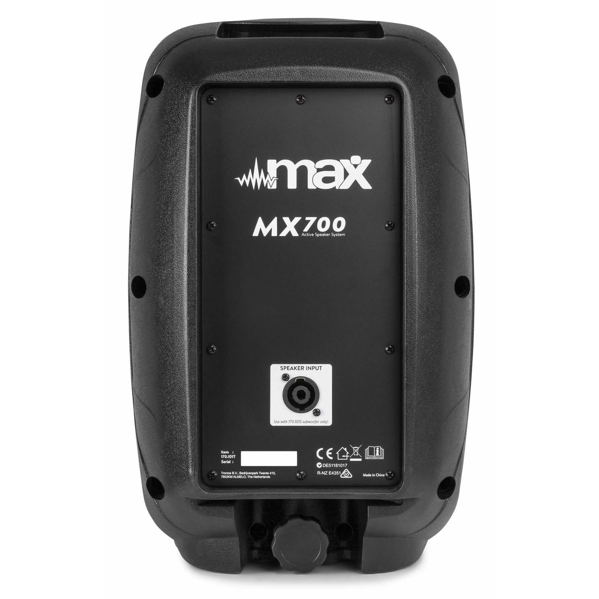 MAX MX700 DJ Boxen Set mit einem aktiven 12 Zoll Subwoofer und Zwei Passive 8 Zoll Lautsprecher, 700 Watt PA Anlage Komplettset für Mobile DJs und Musiker auf kleinen Veranstaltungen, Schwarz