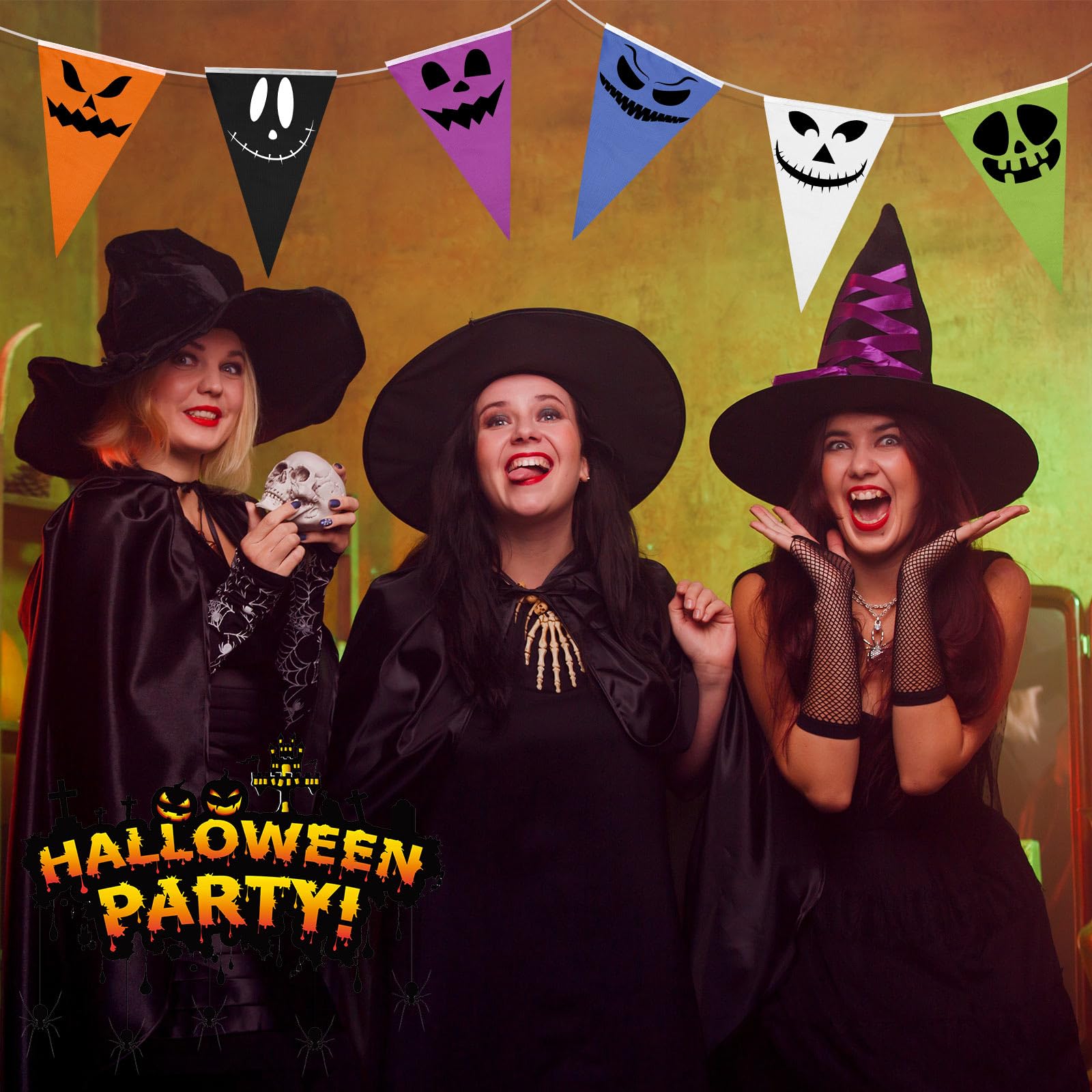 VURYAPI 3 Chaînes De Fanions Halloween Multicolores - 24 Drapeaux Triangle Déco Fête