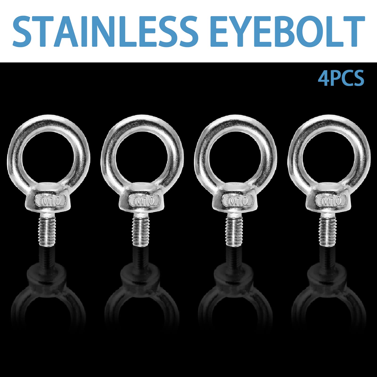 M10 Stainless Steel Eye Bolts - 4 Pack -4
