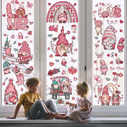 Miniatura 3 de 71 calcomanías de pared para ventana del día de San Valentín, diseño de corazón rosa, gnomo, 9 hojas de decoración de ventana de doble cara,