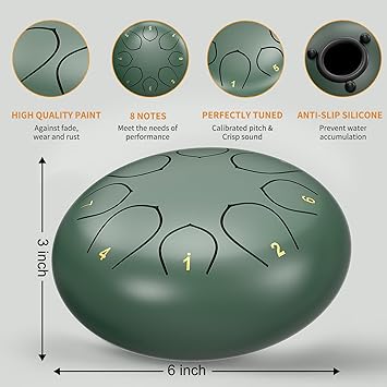 Rain Drum for Outside Garden, 6 Inches 8 Notes Steel Tongue Chakra Drums, Waterproof Meditation Rain Chime, Musical Instruments for Adult Gift with Bag, Music Book, Drum Mallets (Green)