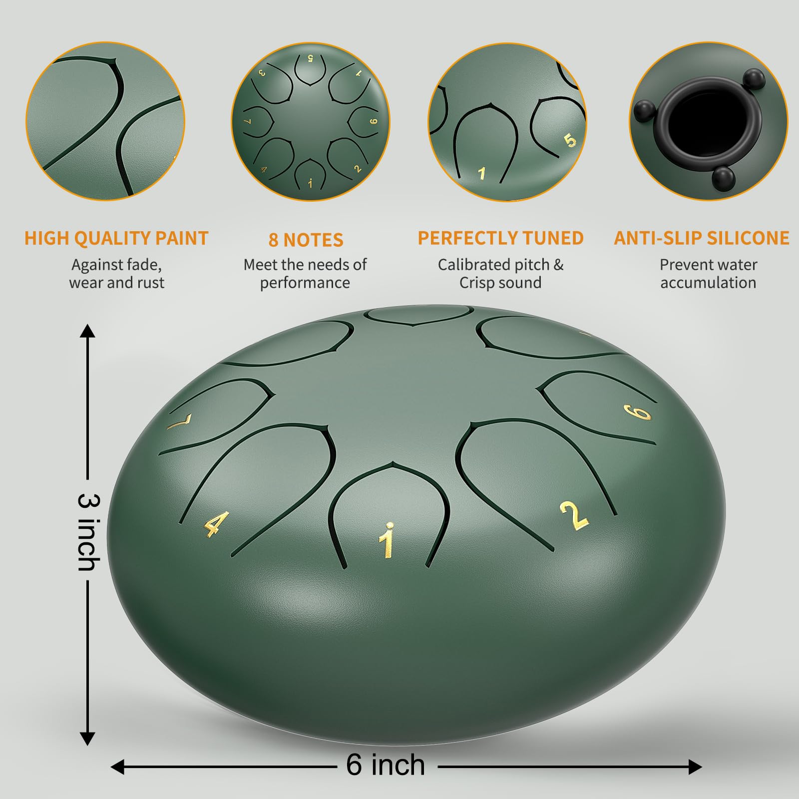 Rain Drum for Outside Garden, 6 Inches 8 Notes Steel Tongue Chakra Drums, Waterproof Meditation Rain Chime, Musical Instruments for Adult Gift with Bag, Music Book, Drum Mallets (Green)