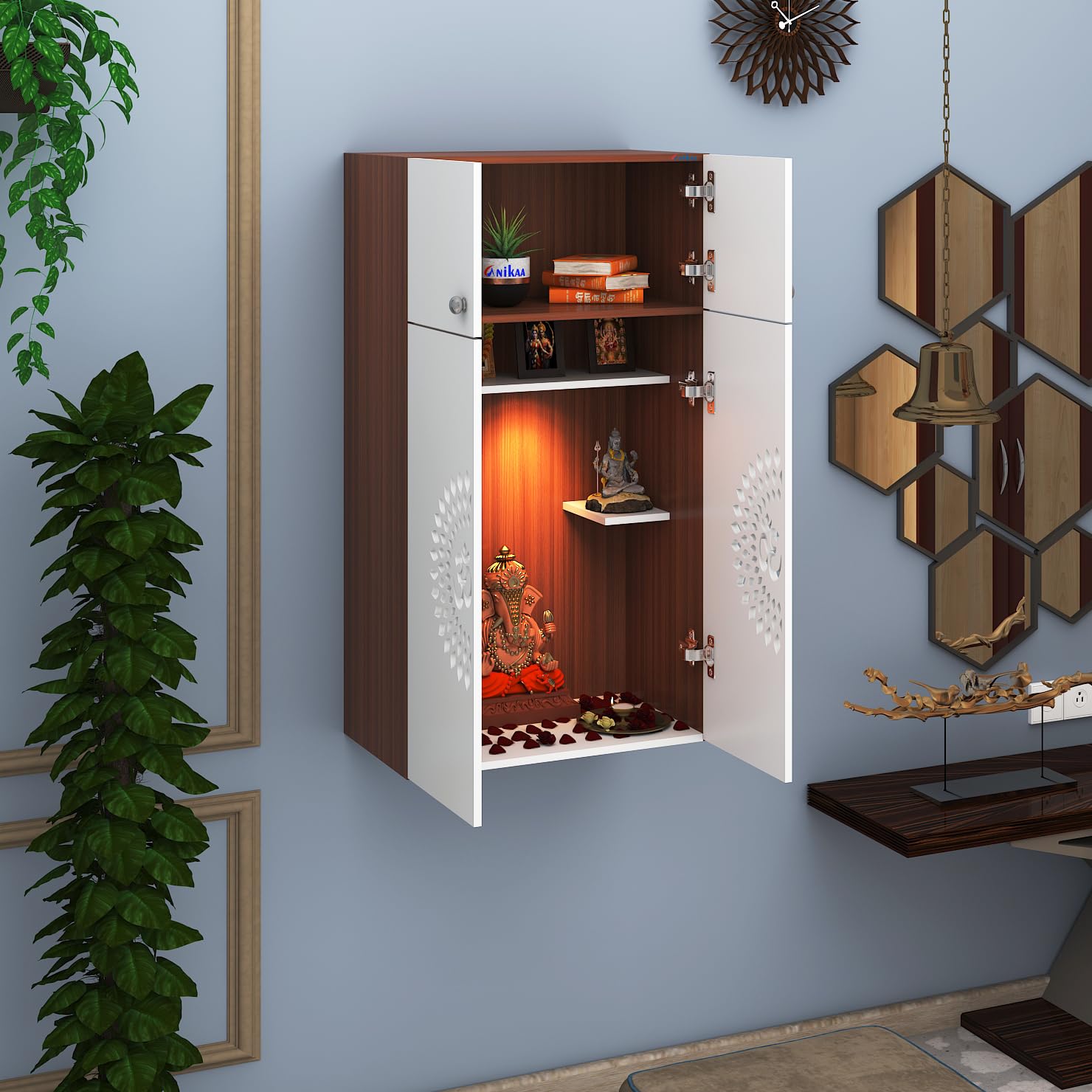 Anikaa OMYA Engineered Wood Home Temple Wall Mount & Floor Standing Wooden Modern Pooja Mandir with LED Light, Om Laser Cut Design | Storage Cabinet with Hinge Doors (Walnut/White, DIY Installation)