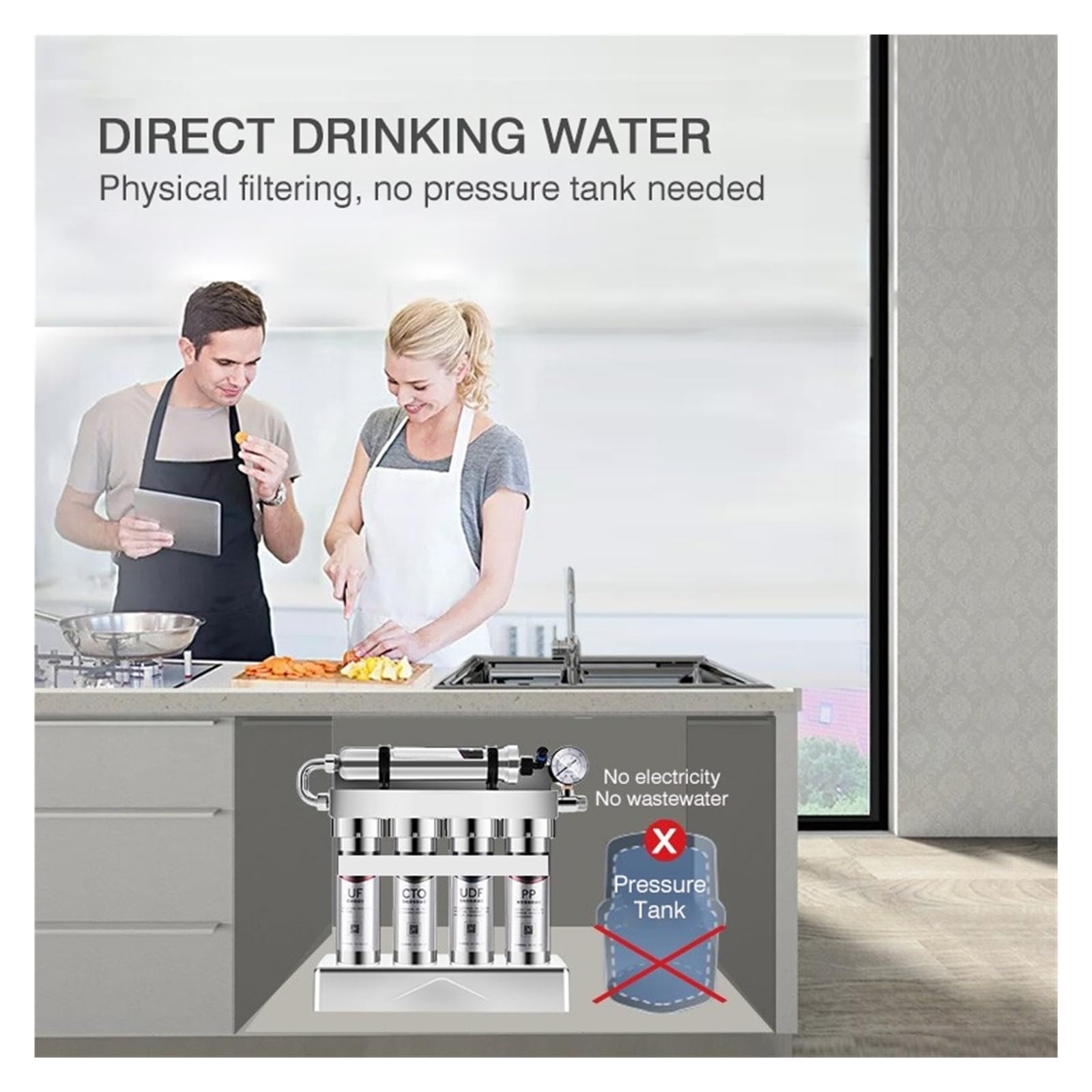 Filtro dell'acqua, Cucina domestica sotto il lavello Ultrafiltrazione, depuratore d'acqua a grande portata con rubinetto Bevanda diretta in acciaio inossidabile