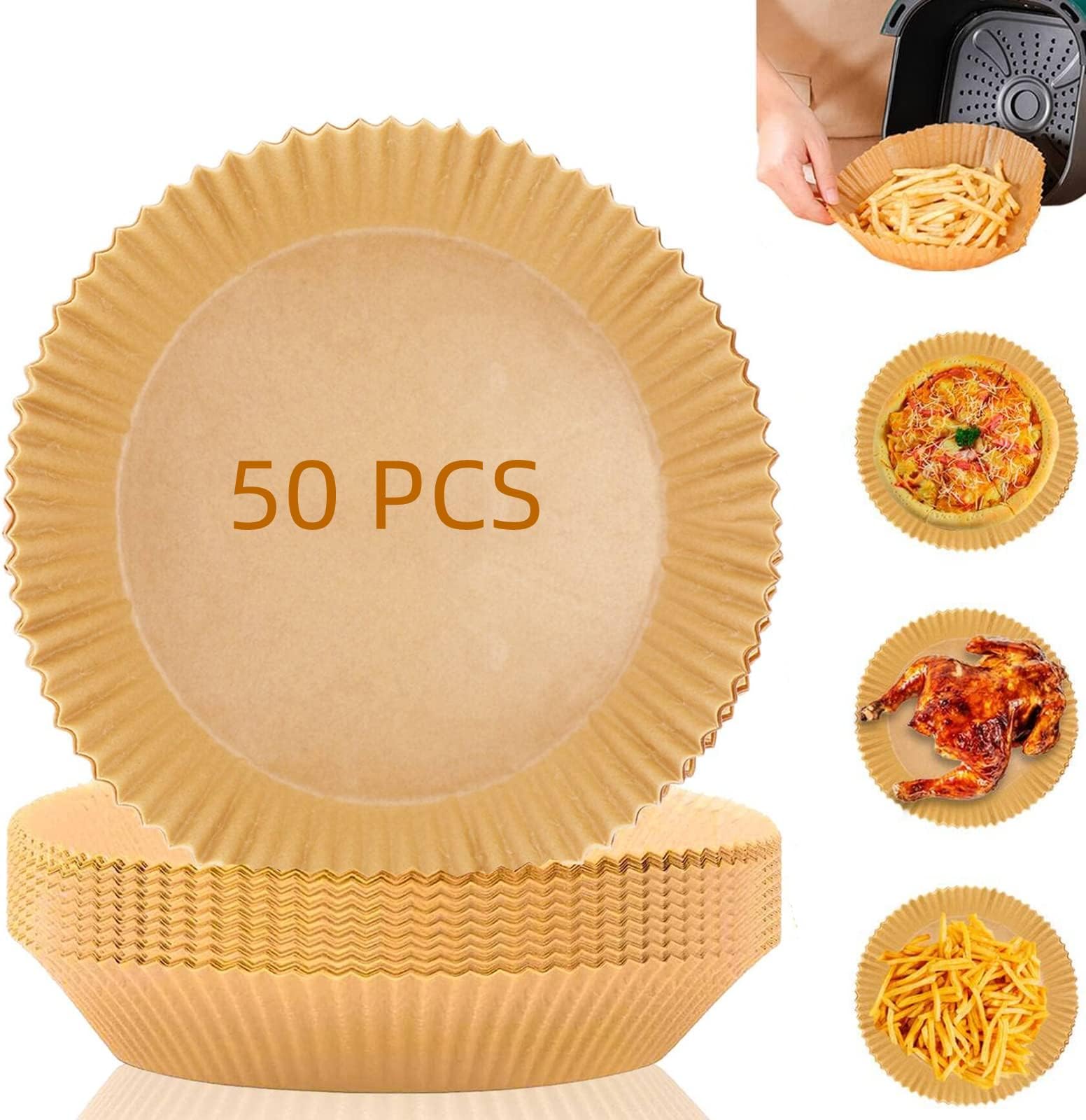 WYCY Air Fryer Liners Disposable Paper Liner 50PCS Natural Nonporous Round Baking Paper Non Stick Waterproof Baking Silicone Greaseproof Paper for Air Fryer and Oven(50PCS, Air fryer liner)
