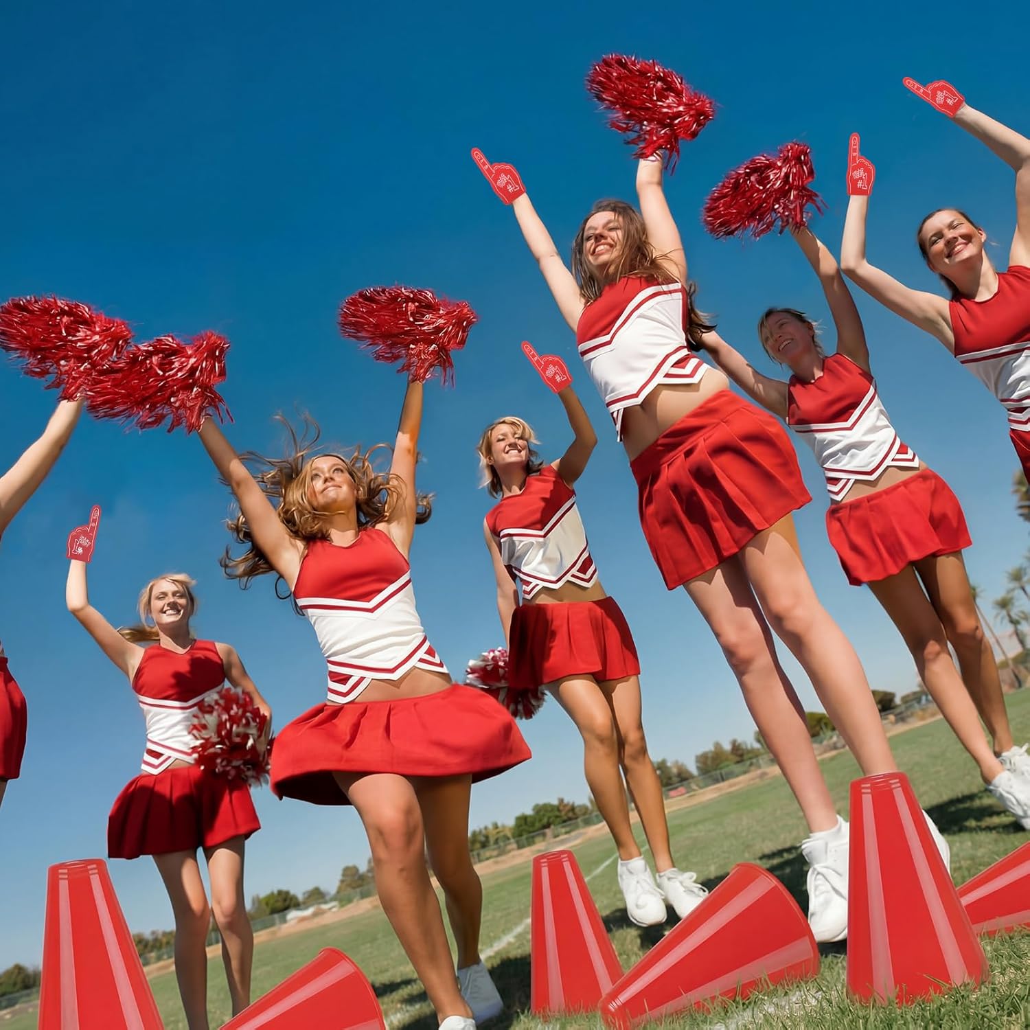 12 Set Team Spirit Accessories for Cheerleading Cheer Megaphone Pom Poms and We're #1 Fan Foam Finger Cheerleader Gifts for Sports Events Football Baseball Cheering Supplies