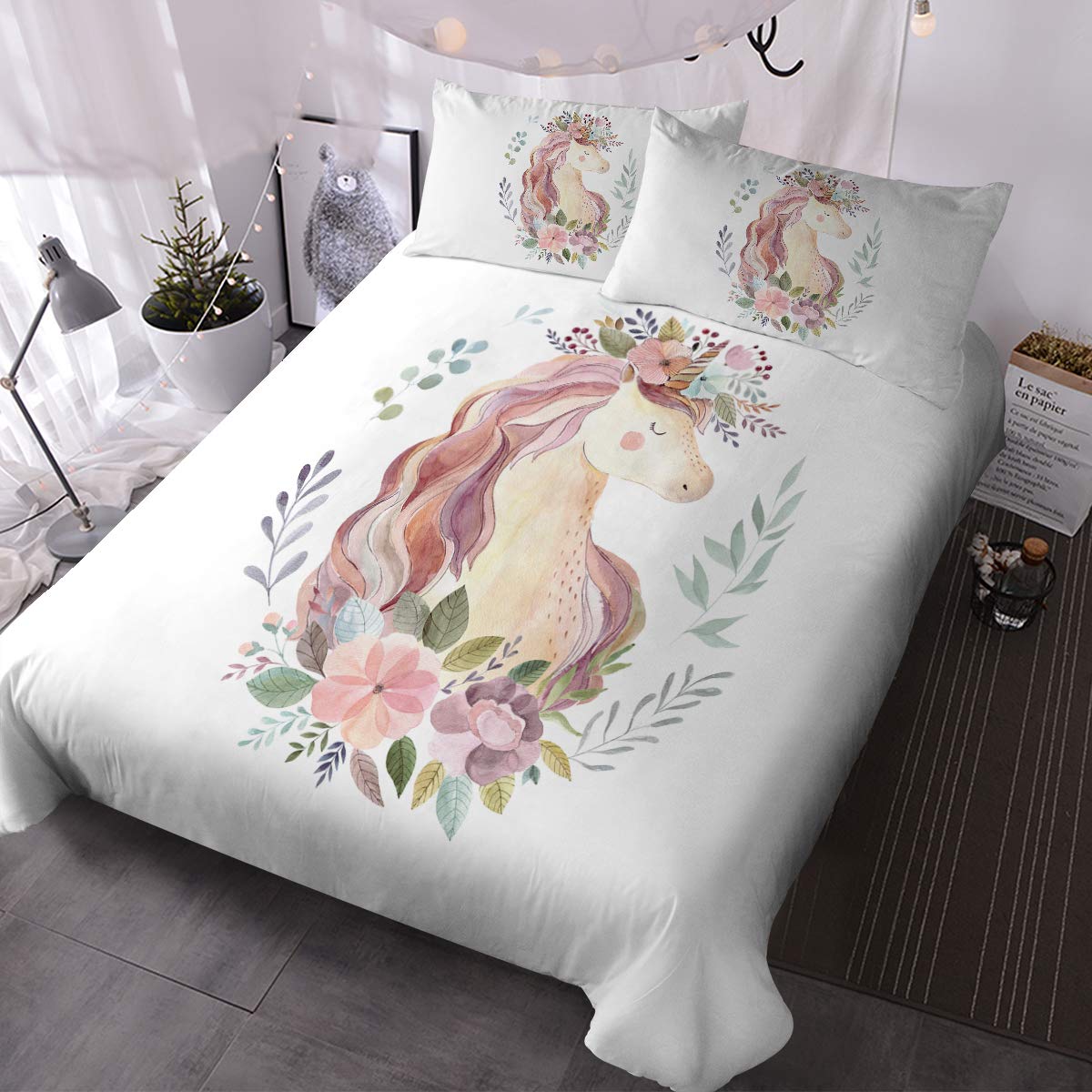 BlessLiving Cartoon Duvet Cover Set 3 Piece Unicorn Comforter Cover with Pillow Shams King Size Cute Bedding Set Bedspread for Kids Teen Boys Girls