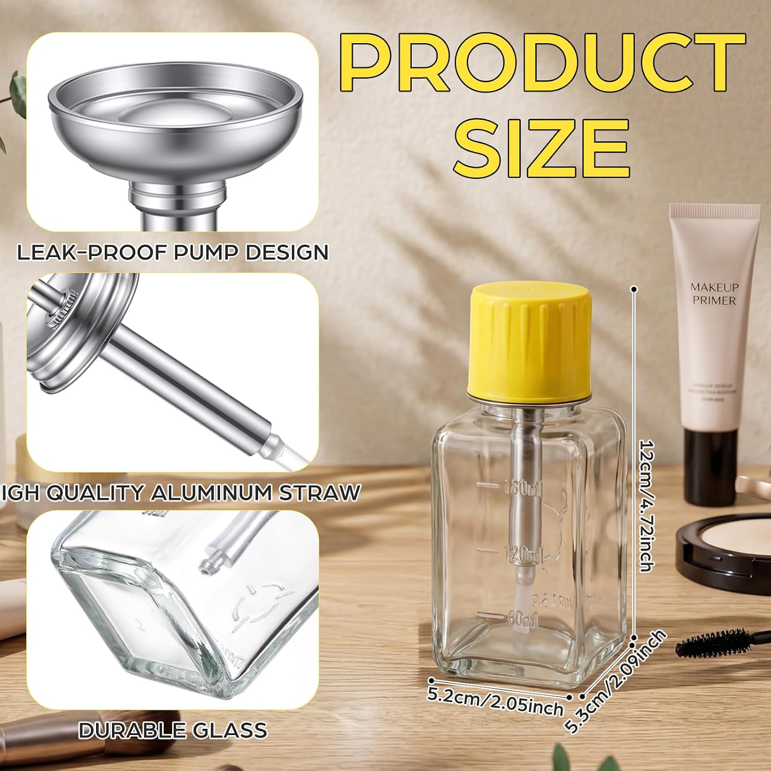 Domensi 4 Pcs 6 Oz/ 180 ml Glass Push Down Pump Dispenser Bottles, Square Glass Push Down Liquid Dispensers for Alcohol Makeup Nail Polish Remover Clear Refillable Hand Pumping Press Container