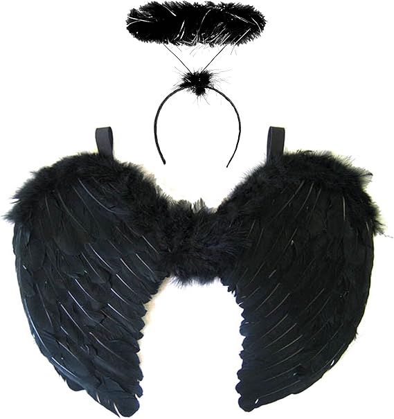 Engel Kostüm Damen 3-teilig Schwarz - Flügel 60cm Mit Heiligenschein & Tüllrock