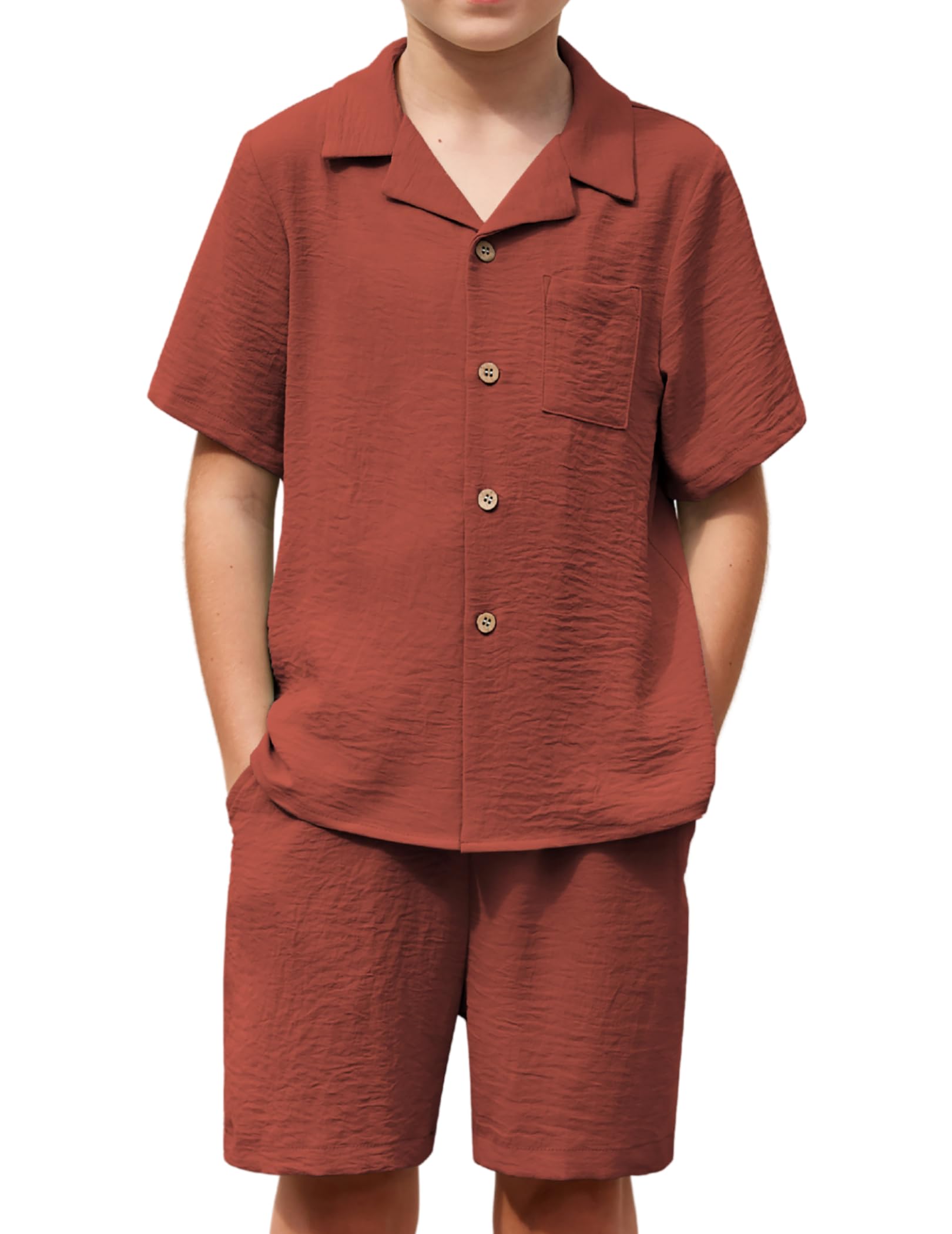 Arshiner Boys 2 Pieces Summer Beach Outfits Short Sleeve Button Down Shirts and Shorts Vacation Texture Sets for Kids