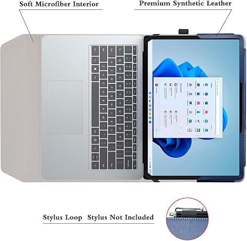 Miniatura 4 de Bige Funda de piel sintética con soporte plegable para computadora portátil de 14.4 pulgadas, color azul oscuro