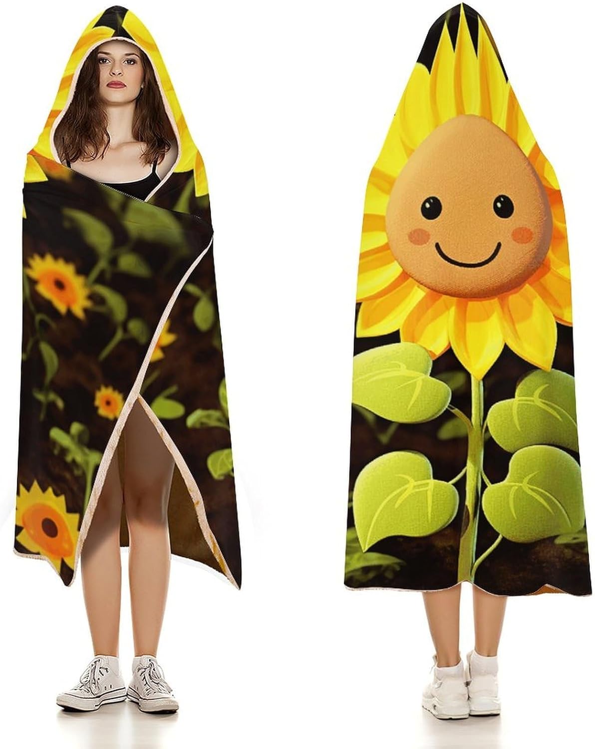 Cute Sunflower Wearable Hooded Blanket, Ultra Soft Arctic Velvet Cape Cloak Unisex - Cozy Wearable Blanket
