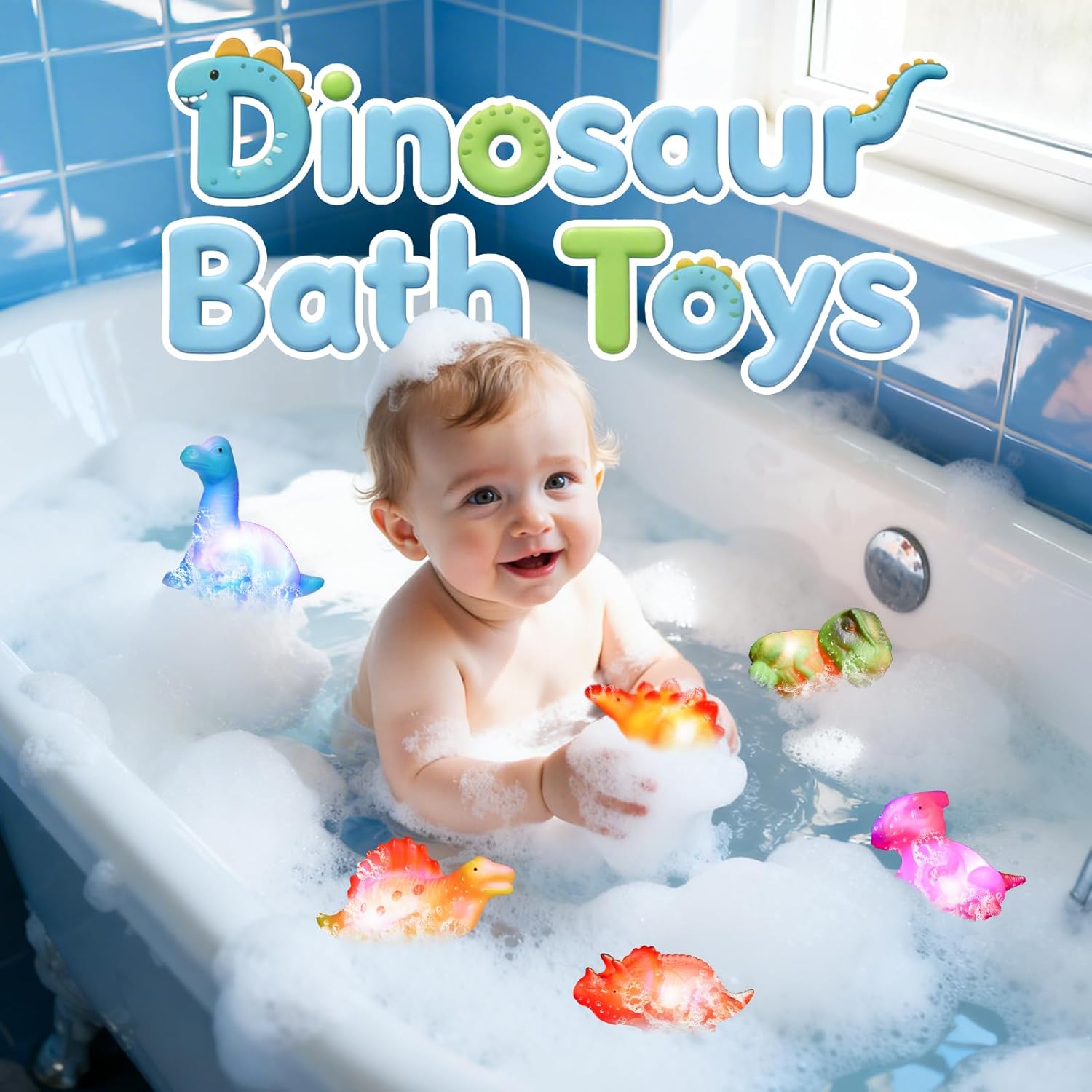 Baby Bath Toys for Toddlers 1-5, 6 Packs Light Up Floating Dinosaur Toys for Kids 1-5 Year Olds Boys Girls Halloween Xmas Birthday for Babies Age 1-5 Sensory Toys Preschool Bathtub Pool Shower Games