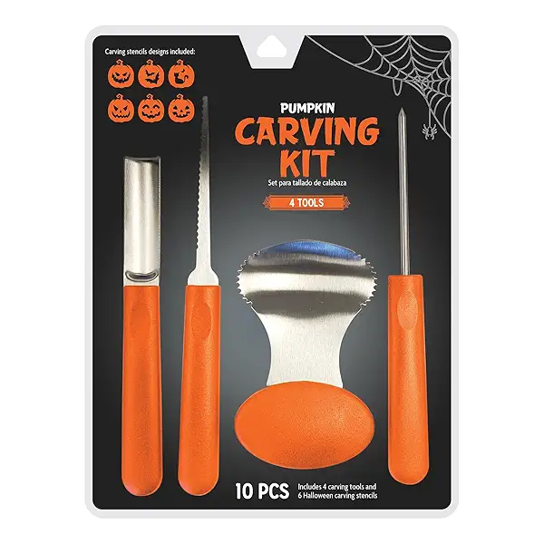 Pumpkin Carving Kit, 10-Piece Halloween Jack-O’-Lantern Decorating Set with 4 Stainless Steel Tools & 6 Stencil Patterns 1