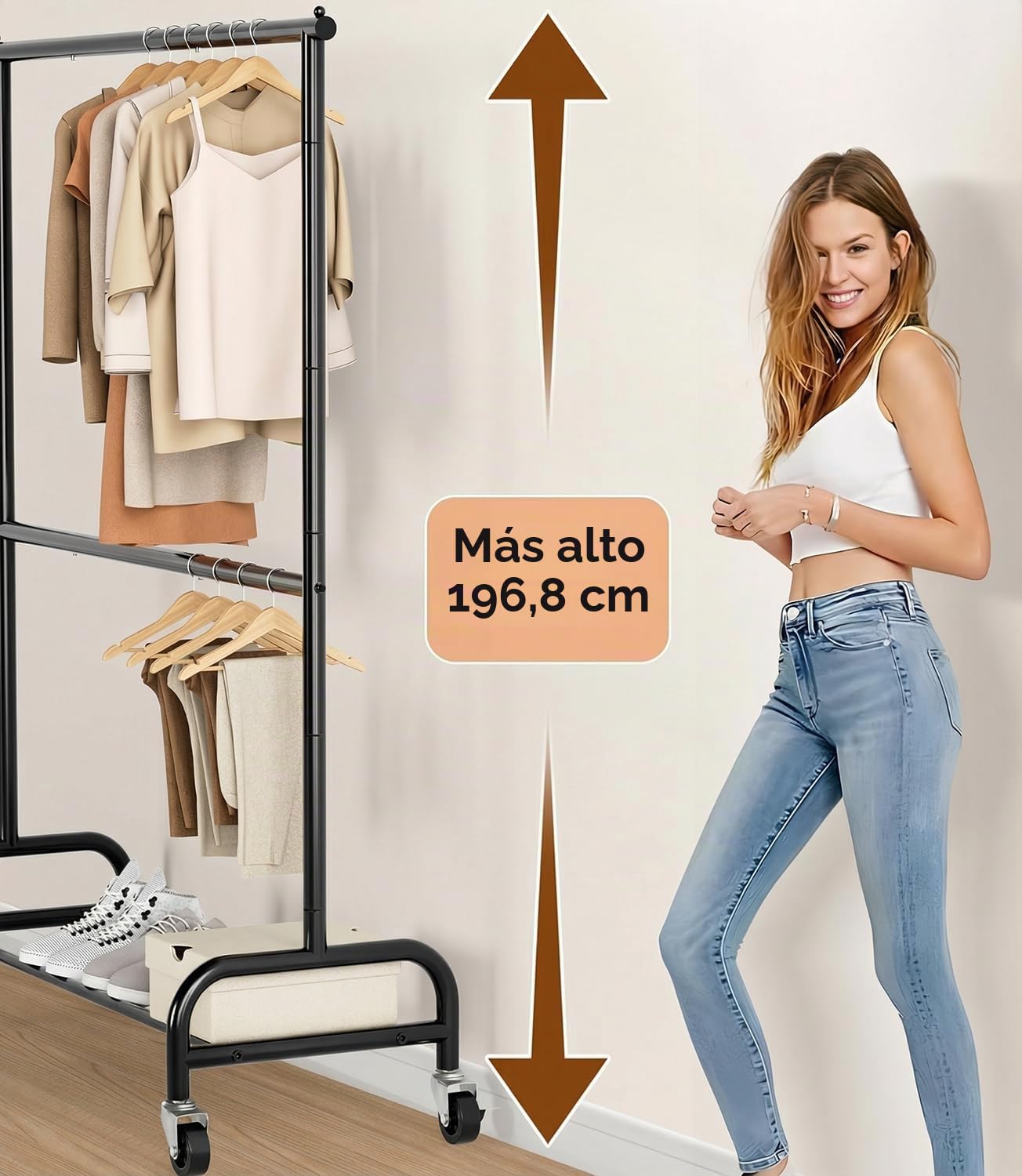 MISSLO Perchero resistente para colgar ropa con doble varilla, estante enrollable para guardarropa con ruedas, metálico, ajustable, color negro