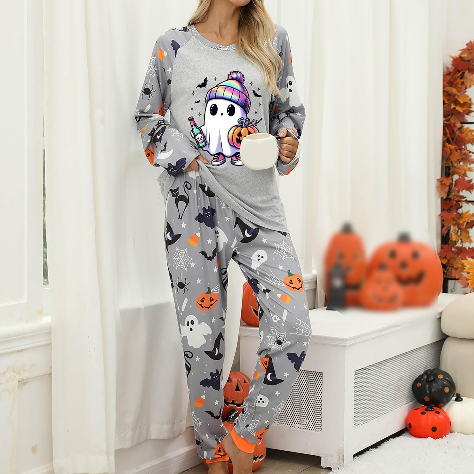 Genérico Conjuntos de Pijama para Mujer Ropa de Dormir Halloween Atuendo Acogedor hogareño Conjunto Dos Piezas y cómodo Pijama Festivo Femenino