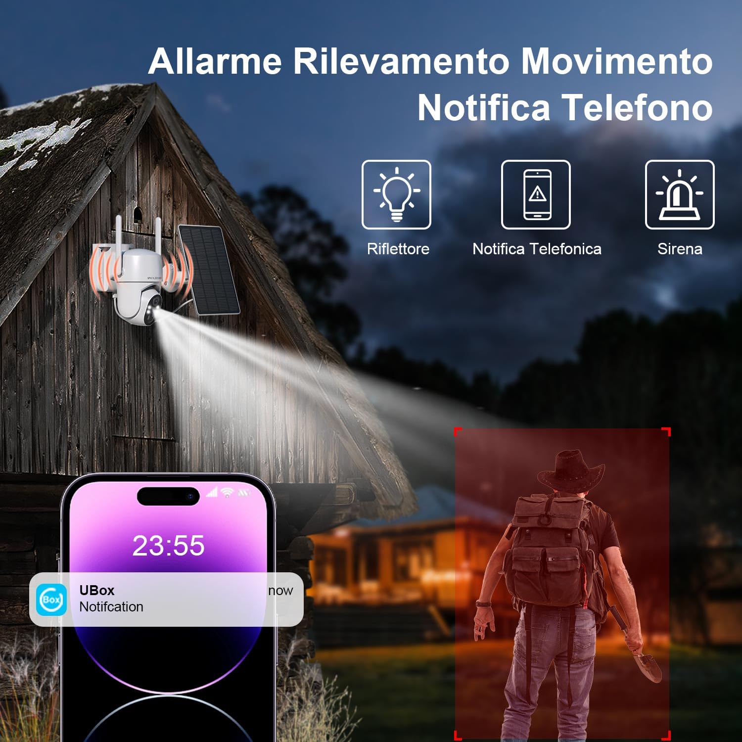 Telecamera con SIM, Telecamera 4G con Pannello Solare, Telecamere Senza Fili da Esterno, Versione Notturna a Colori 2K, Visualizzazione Live a 360°, Rilevamento del Movimento, Audio Bidirezionale