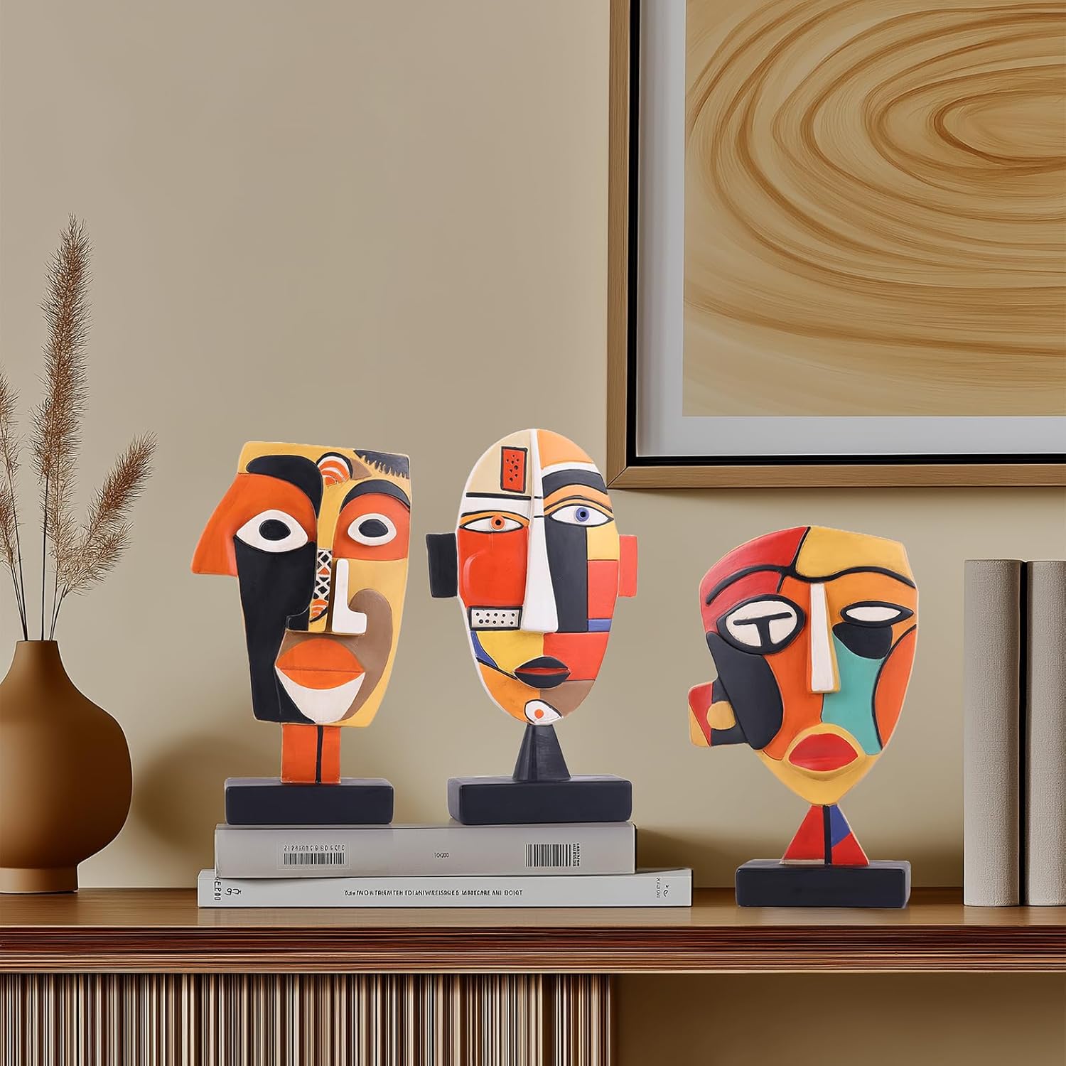 9.8“ Resin Abstract Coffee Table Sculptures, Handcrafted 3 PCS African Art Tribal Figurines Weird Art Decor, Modern Design African Statues for Home, Office, Living Room, Bookshelf, Cabinets Accent