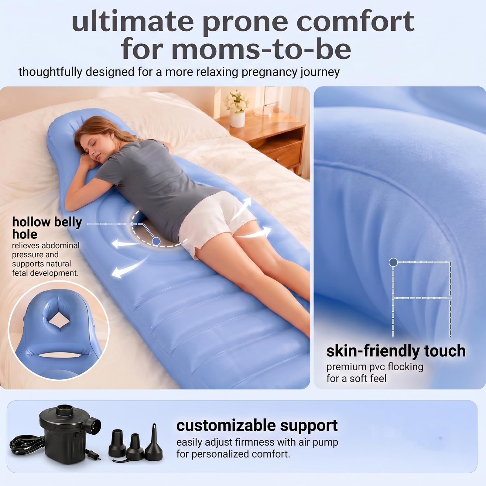 Cuscino gonfiabile per gravidanza, tappetino da yoga per donne incinte, con foro, cuscino in PVC floccato con pompa ad aria elettrica, cuscino per gravidanza da mettere sulla pancia (blu)