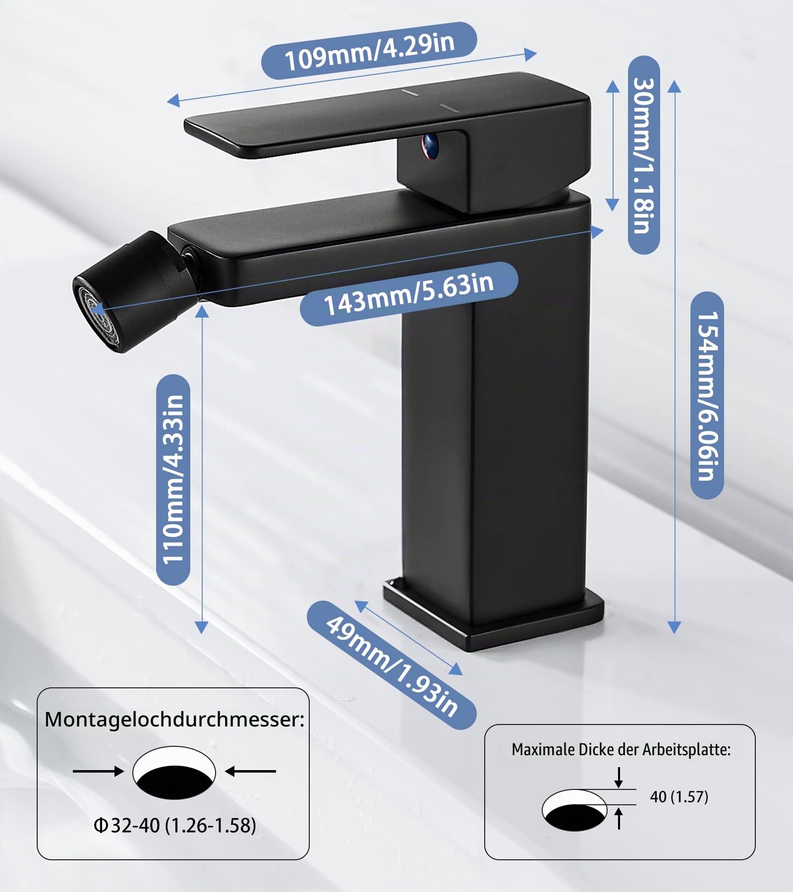 Bidet Wasserhahn Bad Schwarz Einhebel Bidetarmatur Drehbar Auslauf | Auslauf Höhe 110mm, Keramikkartusche, Luftsprudler, 60cm Flexschlauch, G3/8 Anschlüsse, Wassersparend,Eckig, Massives Messing