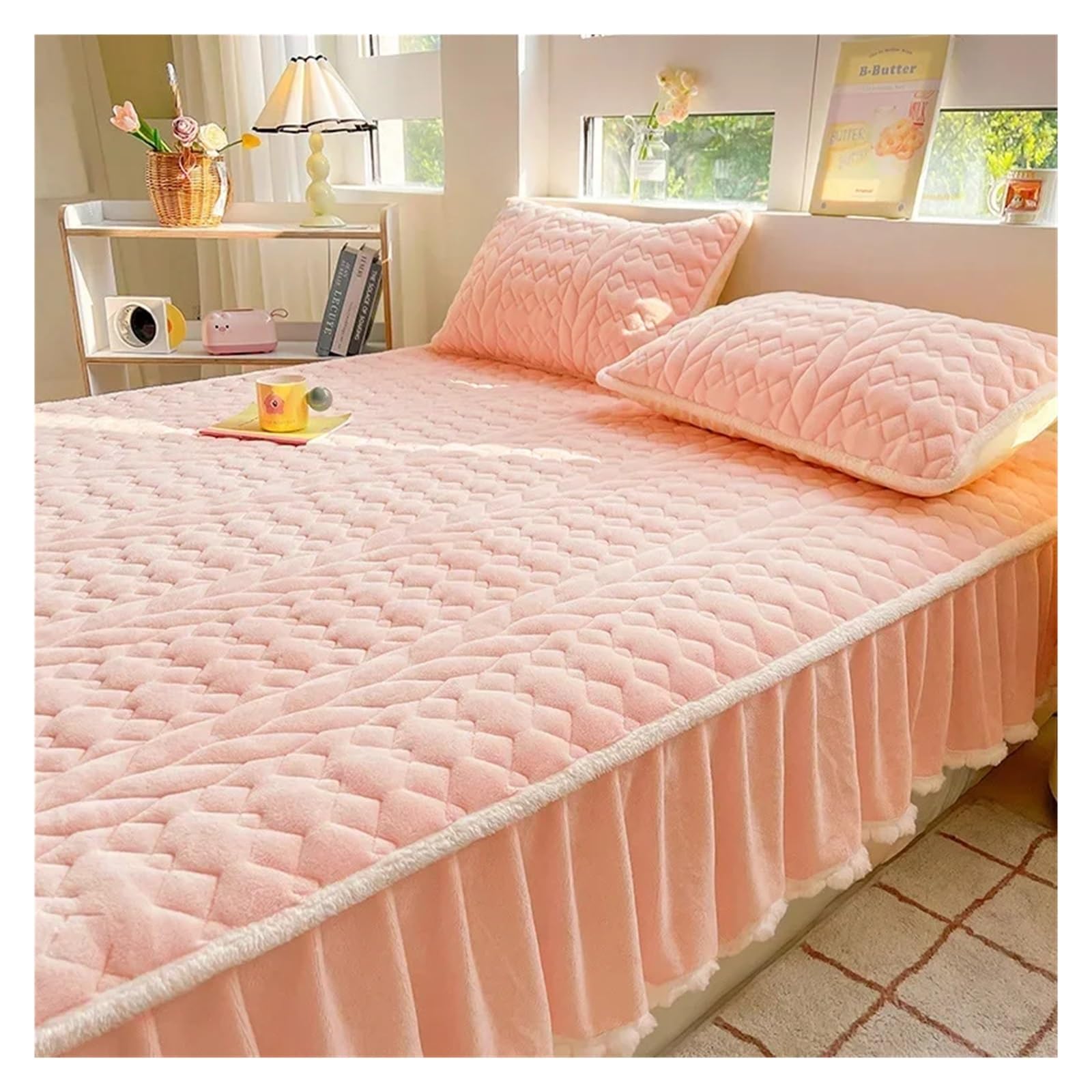 Leche Polar algodón Acolchado Clase Cama Falda colchón Bola de Pelo Cubierta Protectora de colchón Engrosada Color sólido 47(Pink,150x200cm 1pcs)