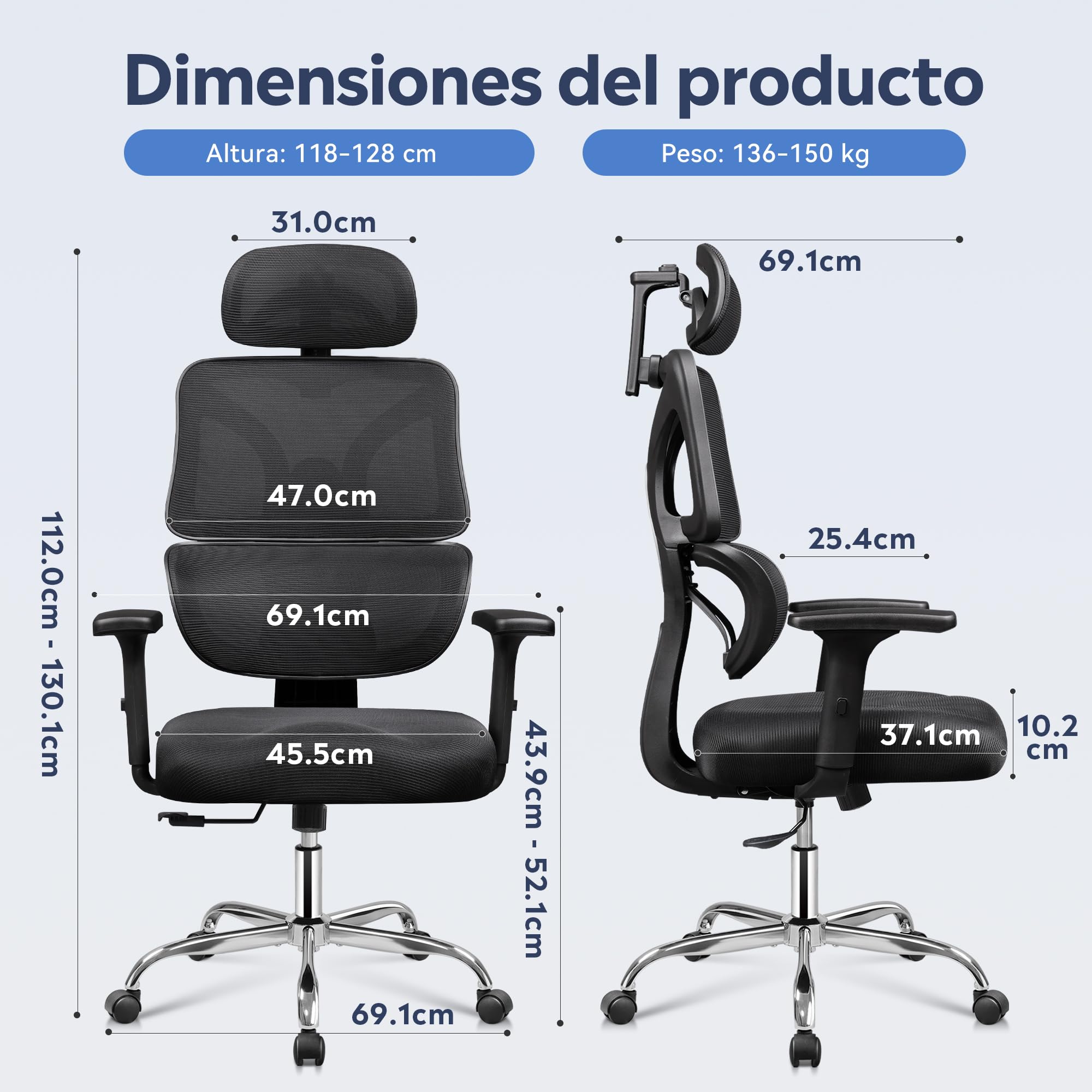 DEVAISE Silla de Oficina Ergonómica, Reposacabezas 3D y Reposabrazos 3D de Rebote, Inclinación 90°-135°, Malla Transpirable, Soporte hasta 180 kg, Altura Ajustable para Oficina, Negro