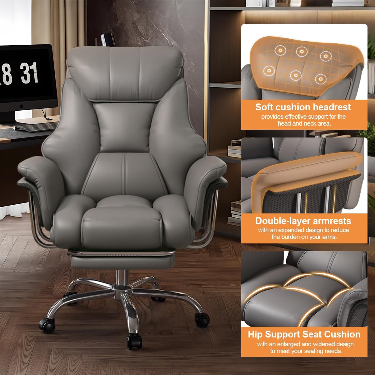 Big and Tall Office Chair Wide Seat Ergonomic Leather Executive Desk Chair with Leg Rest, Heavy-Duty 550 lbs Adjustable Height Computer Gaming Chairs