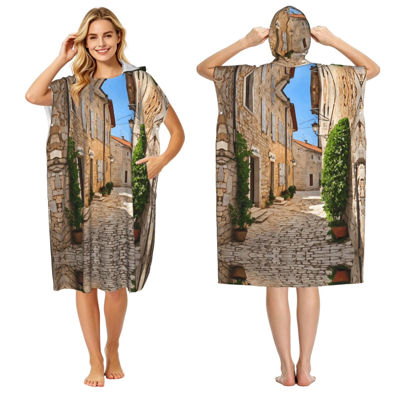 Poncho à capuche plage piscine peignoir imprimé toscane italien