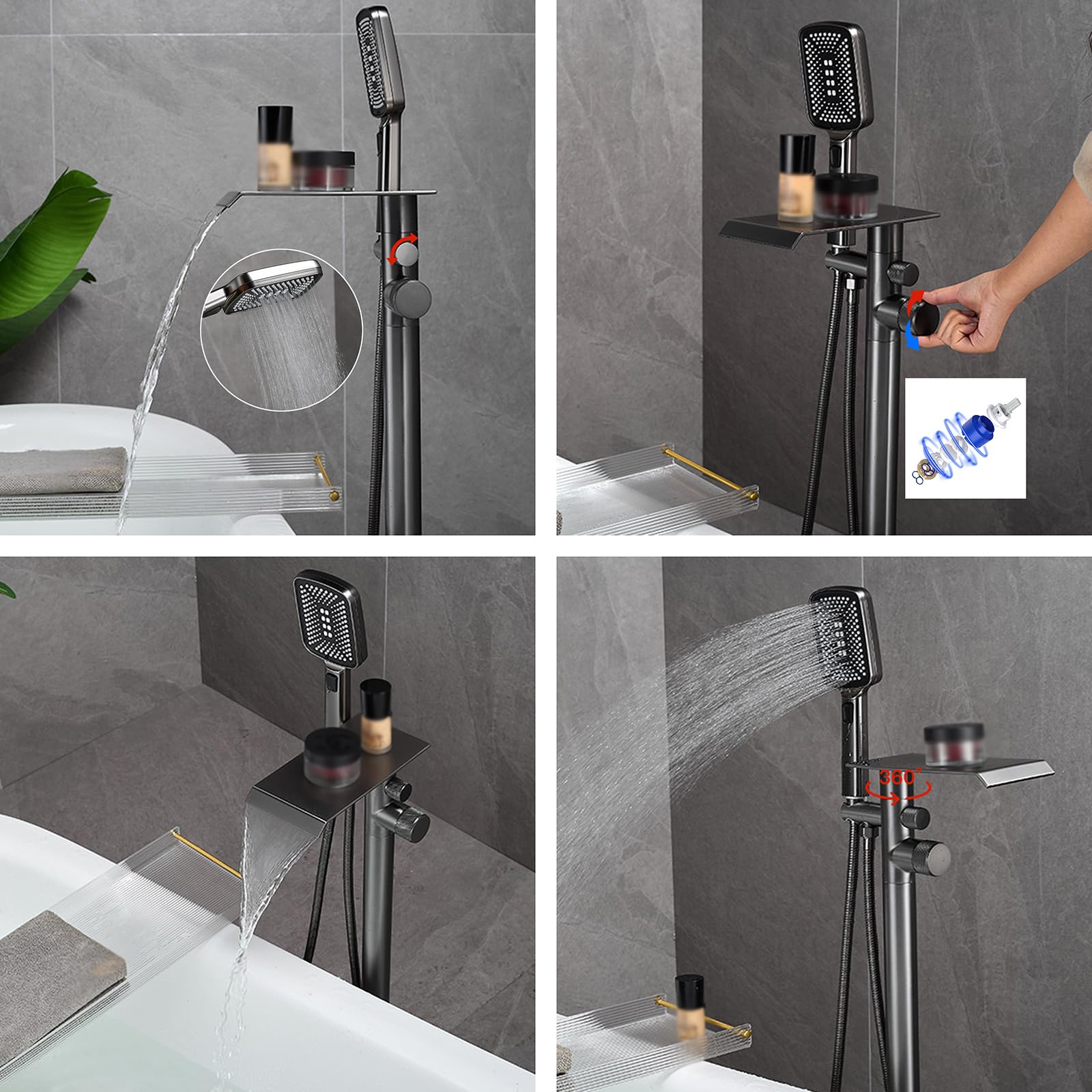 BiaoTeng Grifo de Pie Para Bañera Exenta con Cascada 3 Modos Cromo Laton