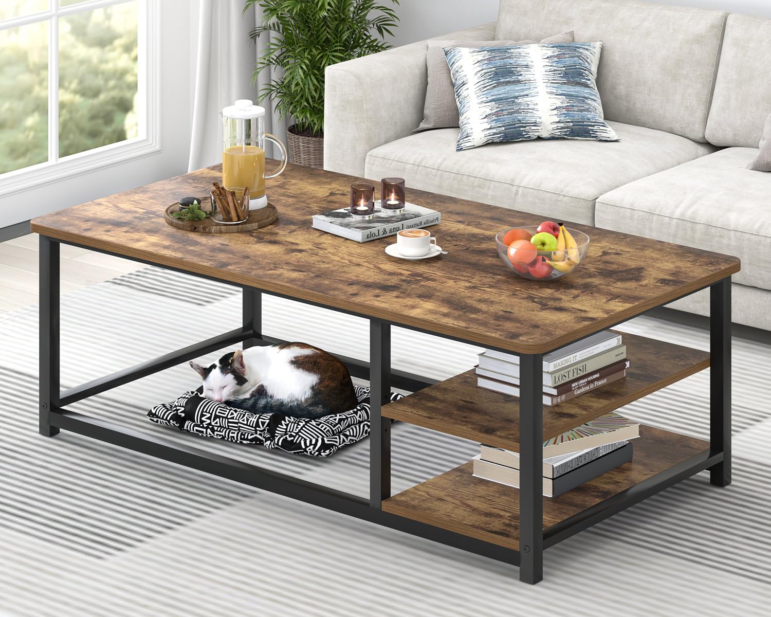EXCEFUR Modern Coffee Table Rustic Wood and Metal Living Room Table with Storage Shelf Industrial Brown 47 Inch