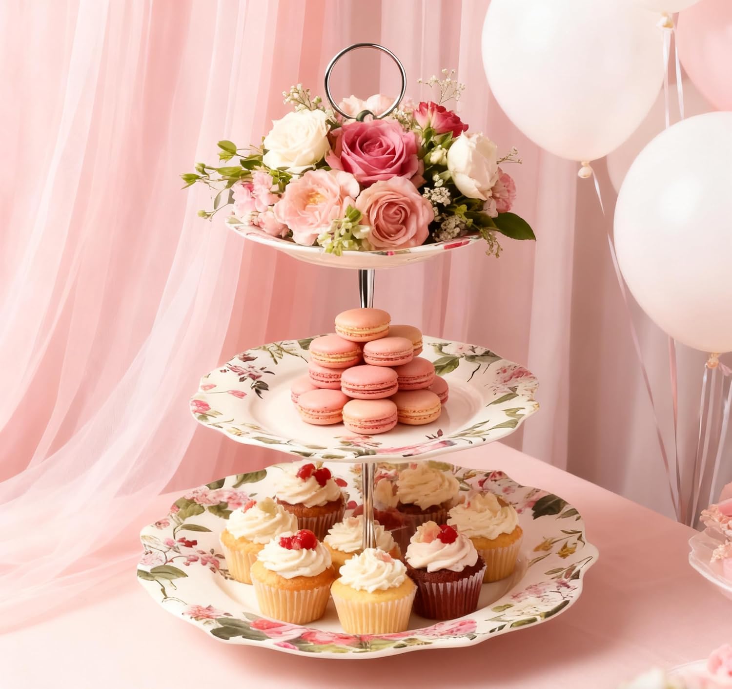 3-Tier 13.5 Inches Large White Cupcake Dessert Stands, Cake Snack Scones Crackers Fruit Appetizers Pastry Tiered Platters Serving Tray for Tea Party, Bridal Shower, Wedding Catered Event - Flowers