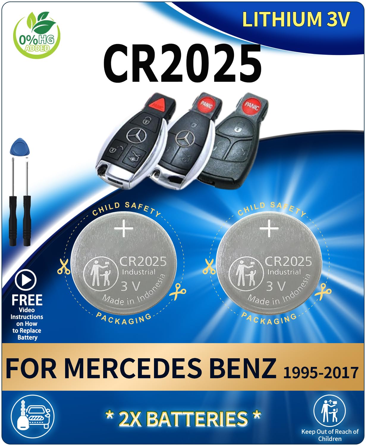 2 Pack CR2025 Key Fob Replacement Batteries for Mercedes-Benz (C-Class E-Class ML S-Class Sprinter GLC GL CLA CLK GLE GLA SLK SL CLS GLS R C300 E350