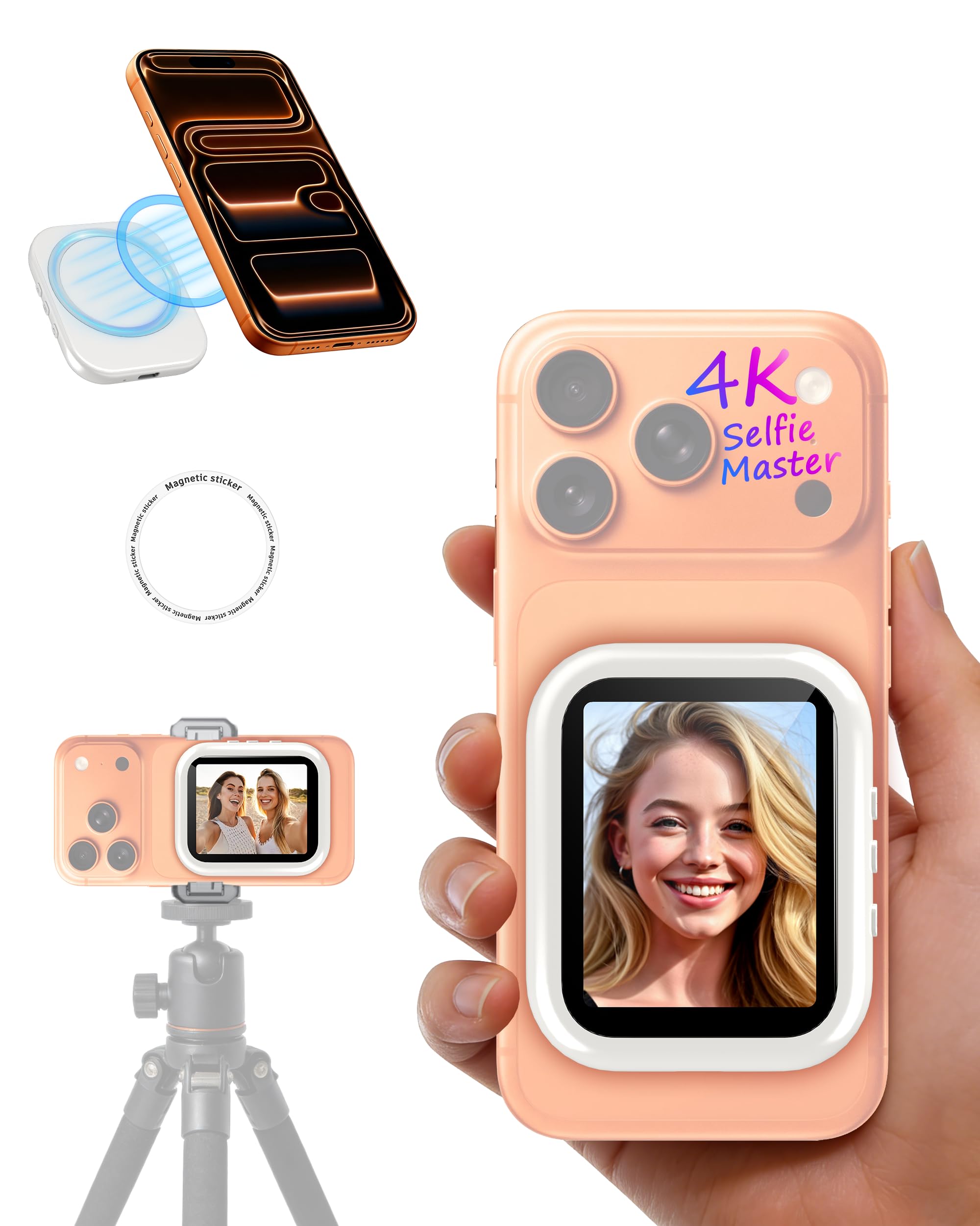 Handy Selfie Monitor für i-Phone/Android, Kabellos Magnetischer Vlog Selfie Monitor Bildschirm, Wireless Tragbar Smartphone Rückkamera Screen für Tik-Tok, Li-ve, YouTube, 2 Std. Akku, Weiß