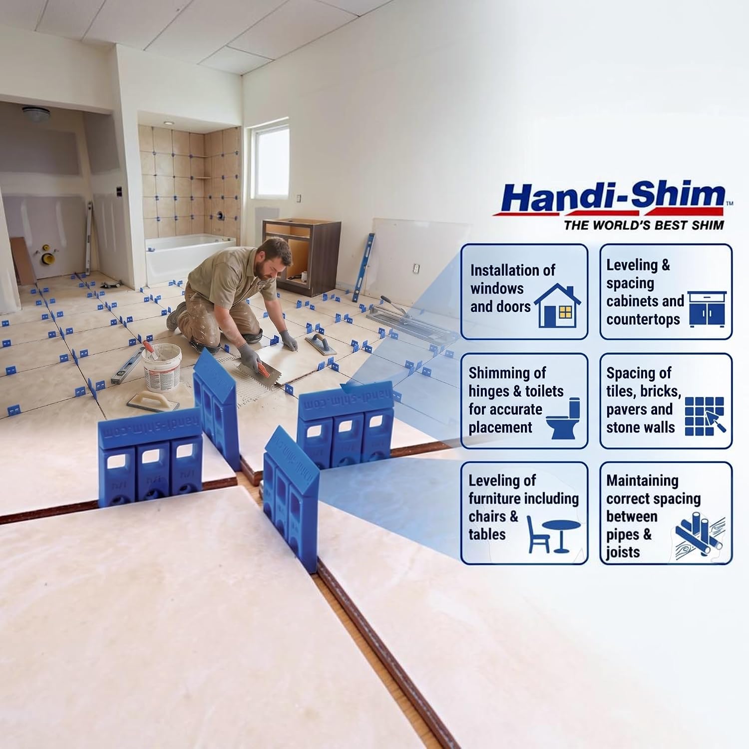 Plastic Shims for Leveling, 1/4 Inch Blue, 40 Pack | Heavy Duty Reusable Polypropylene Spacers, Snap-To-Size Scored, For Framing Decks and Subfloors