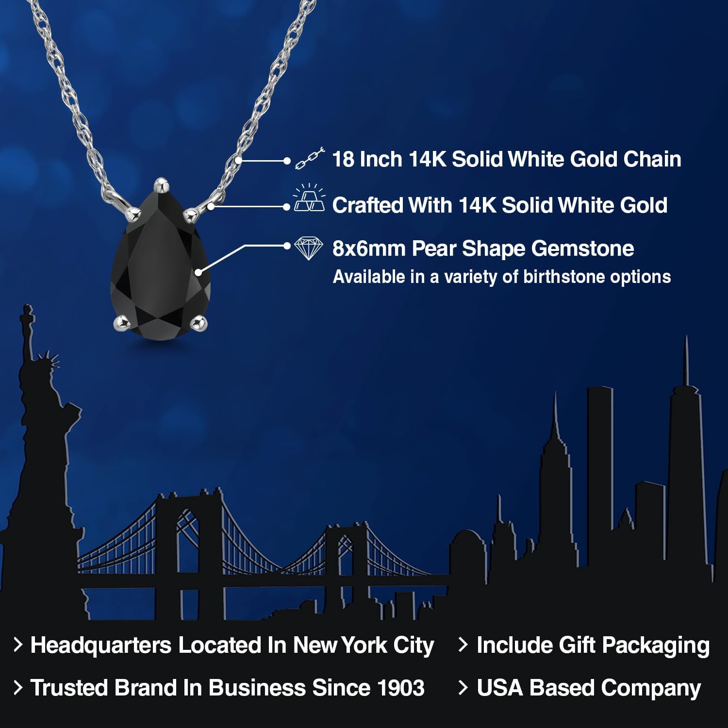 Gem Stone King 14K White Gold Black Onyx Pendant Necklace for Women | 1.09 Cttw | Gemstone December Birthstone | Pear Shape 8X6MM | With 18 Inch Chain - Image 2