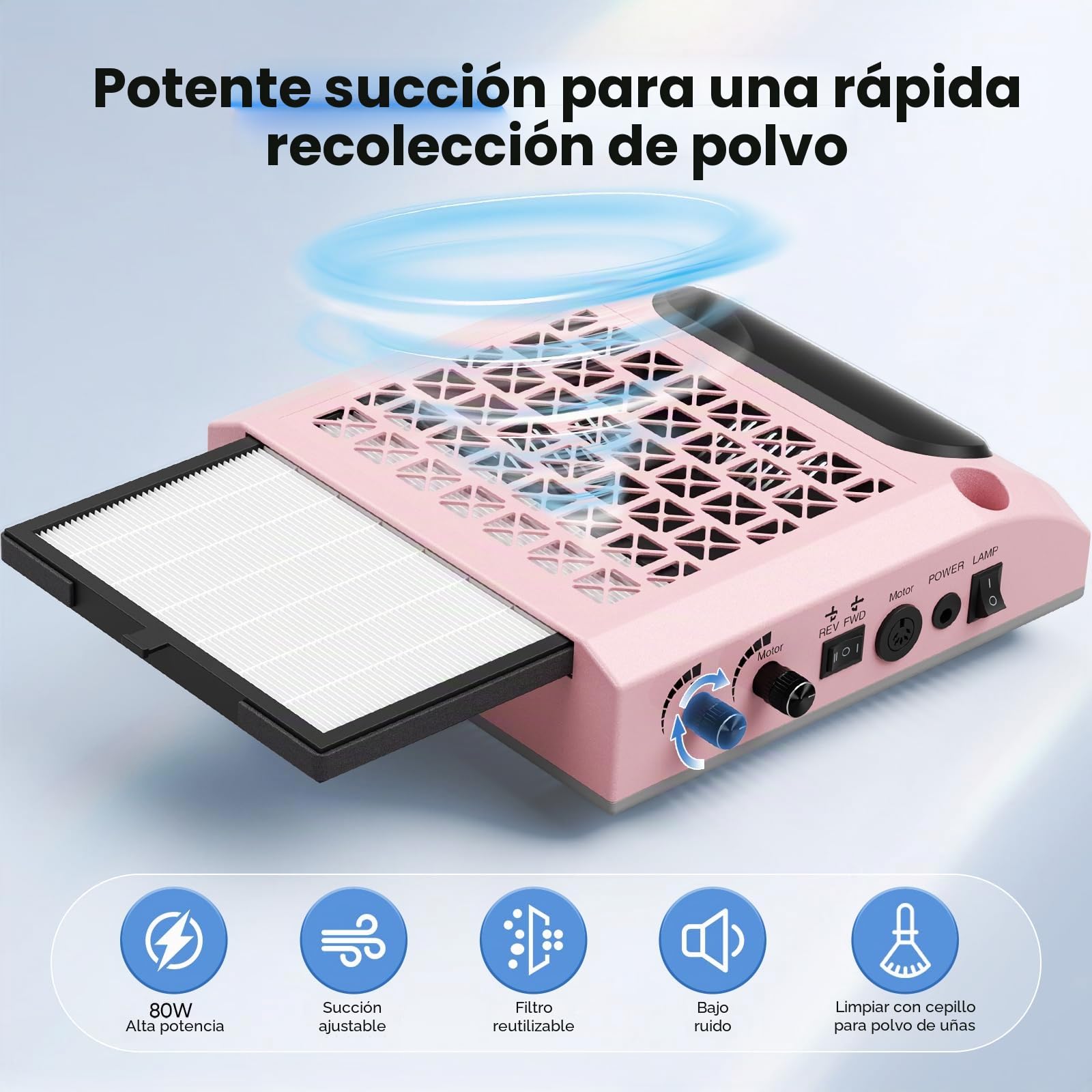 Taladro de uñas eléctrico 4 en 1 con extractor de 80 W y filtro lavable - Cortaúñas profesional de 30 000 RPM con luz LED de 5 W, 3 limas de media luna de doble cara para manicura