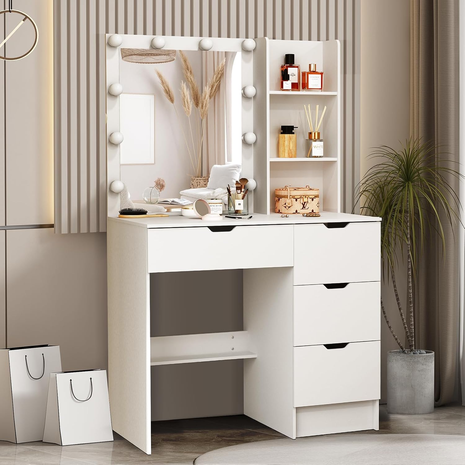 Vanity Desk with Mirror and Lights, Makeup Vanity Table, White Makeup Desk with 4 Drawers and Storage Shelves, 3 Color Modes & Adjustable Brightness, Dressing Table for Bedroom, Dressing Room, Girls