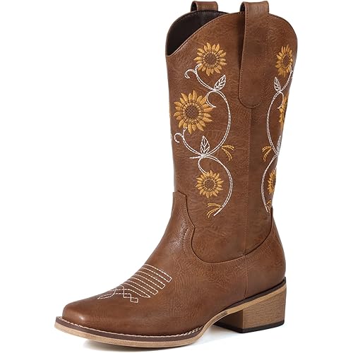 Cowboy Boots for Women - Mid Calf Western Sunflower Cowgirl Boots with Floral Embroidery, Square Toe Stitched Pull On Retro Design, Perfect for Country Idyll, Concerts and More
