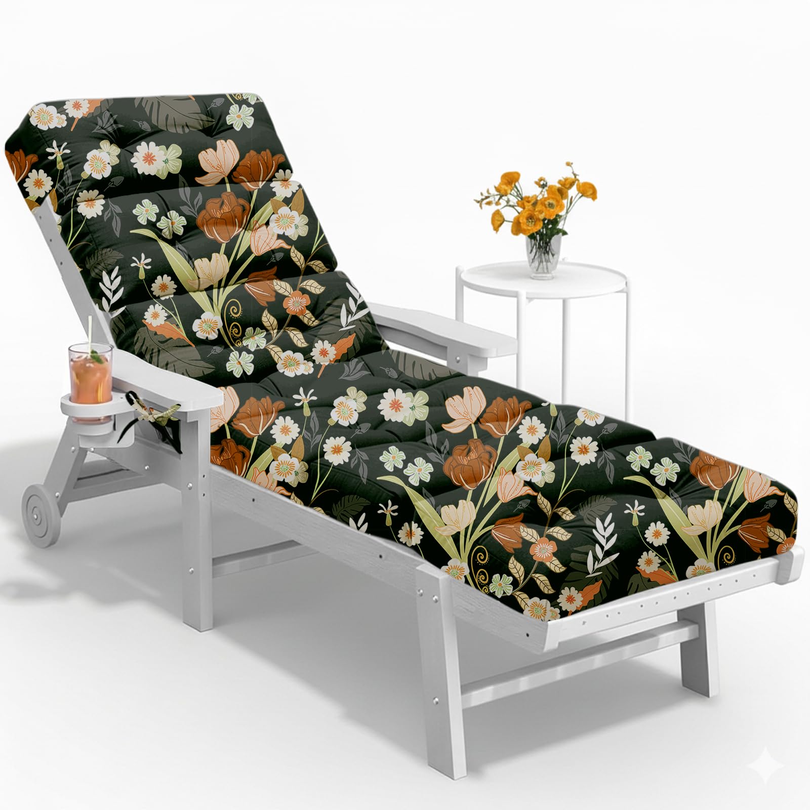 all weather chaise lounge cushions outdoor lounge chair cushion, waterproof memory foam chaise lounger chair cushion for outdoor patio furniture with ties, green floral